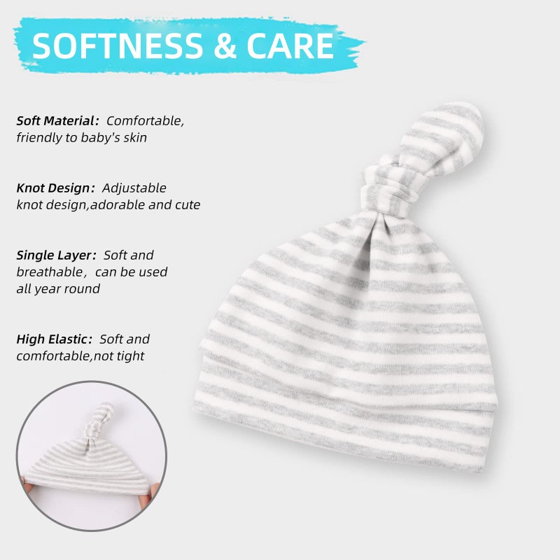 Pesaat Original Cotton Newborn Hats for Girls Striped Preemie Baby Hats Bear Ears Infant Boys Beanies 0-6 Months (Knot(White+Gray+Gray Stripe), 0-6 Months) - Image 3